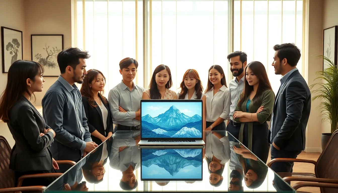 young professionals discussing 'Spirited Away' in a modern office.